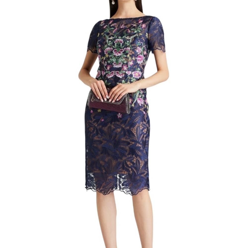 Marchesa Navy and Purple Floral Lace Midi Dress